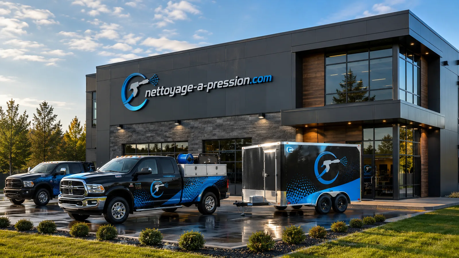 Flotte de camions et remorques de nettoyage à pression devant un bâtiment
