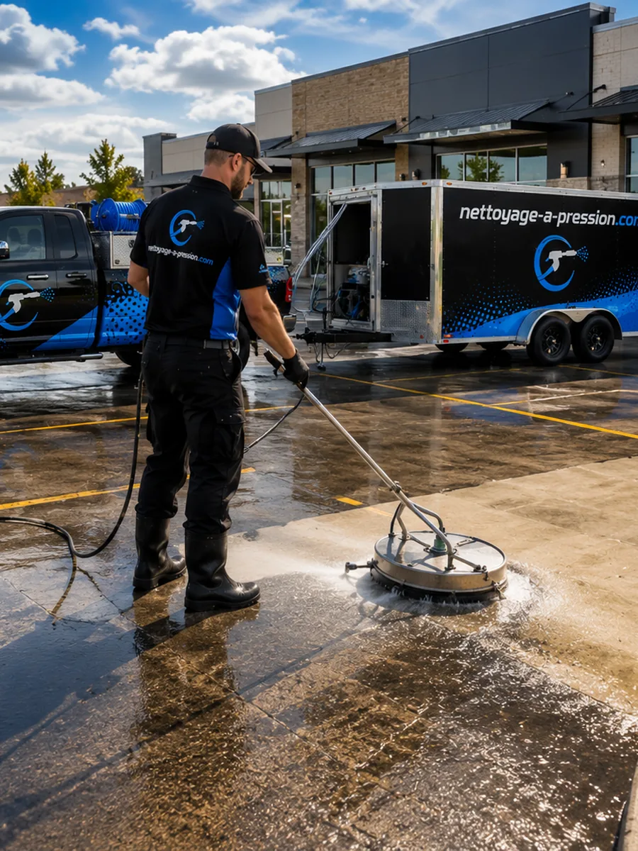 Nettoyage à pression d'un stationnement commercial avec surface rotative