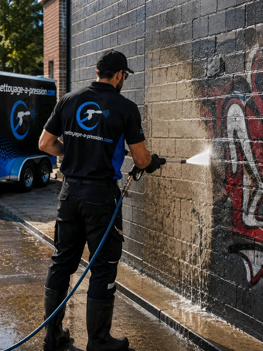 Retrait de graffitis sur un mur de béton au jet haute pression
