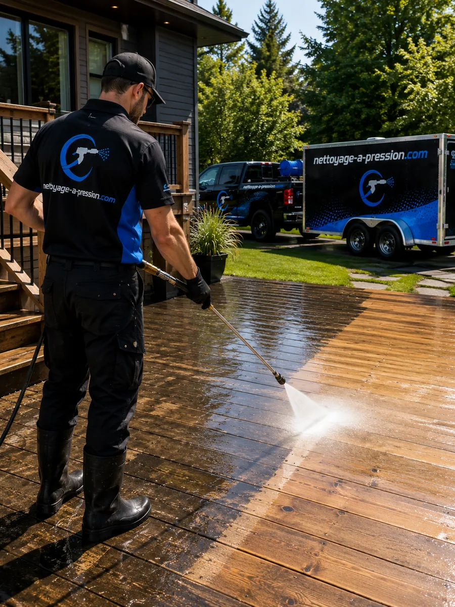 Lavage à pression d'une terrasse de bois résidentielle